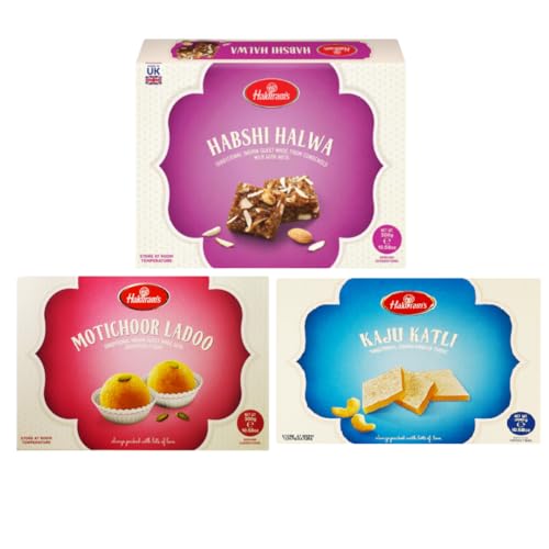 Haldiram's Kaju Katli, Motichoor Ladoo & Habshi Halwa – 3-in-1-Packung indischer Süßigkeiten (Bündel mit 3 x 300 g) von Generisch