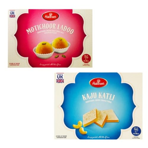 Haldirams 2-in-1-Süßigkeitenpaket – Bündel aus Kaju Katli (300 g) und Moti Choor Laddoo (300 g) von Generisch