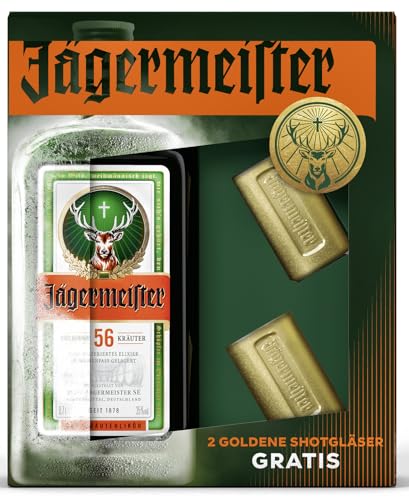 Jägermeister® Kräuterlikör 0,7 Liter Geschenkset mit 2 goldfarbigen Shotgläsern von Generisch