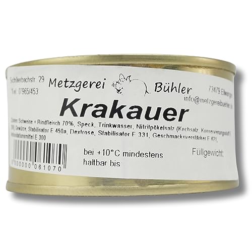 Krakauer in der Dose Dosenwurst 120g Wurstkonserve aus 70% Deutschem Rindfleisch und Schweinefleisch, traditionelle polnische Rezeptur von der Metzgerei Bühler, 12 Monate haltbar von Generisch