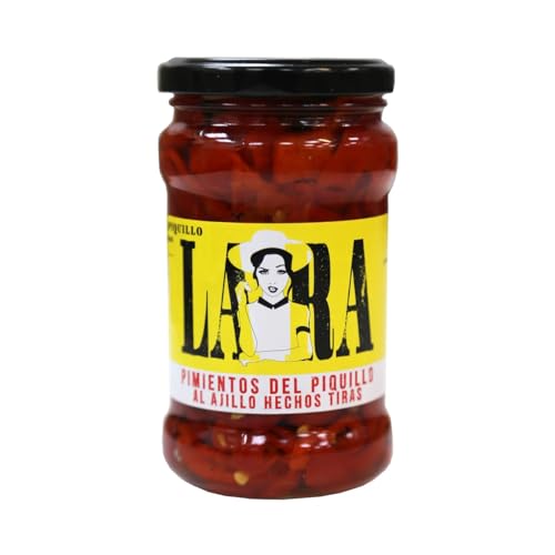 LARA Piquillo-Paprika erster Güteklasse mit Knoblauch, in Streifen geschnitten, 290 g Glas 3er Pack von Generisch