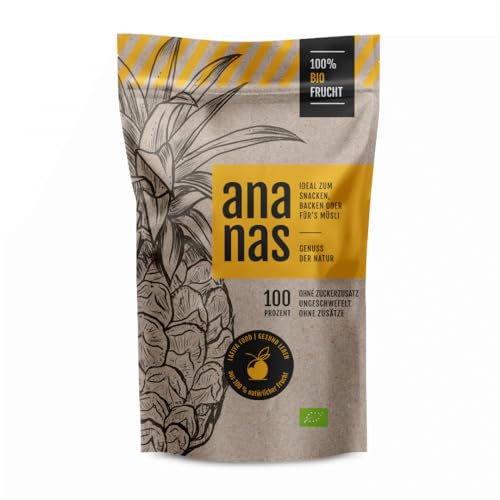 Lafiya Food Getrocknete Bio Ananas - Reine, ungeschwefelte Ananas ohne Zucker-Zusatz, Zusatzstoffe oder Konservierungsmittel - Zum Naschen, Backen oder fürs Müsli – 80 g Wiederverschließbare Packung von Generisch