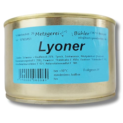 Lyoner Dosenwurst 120g-390g Fleischwurst Wurstkonserve aus 70% Deutschem Rind und Schweinefleisch Lyoner in der Dose perfekt als Notnahrung oder fürs Campen Landmetzgerei Bühler (390g) von Generisch