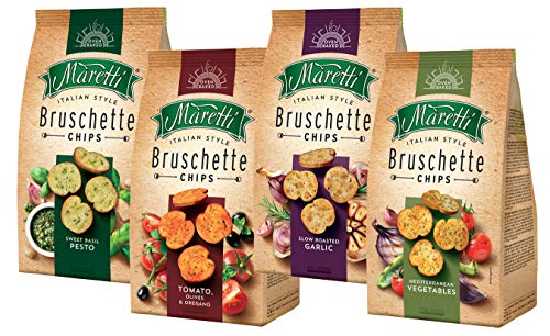 Maretti Italien Style Brotchips Bruschette Chips, Garlic, Mediterranean, Sweet Basil, Tomato, Olives & Oregano), 4x150 g von Maretti