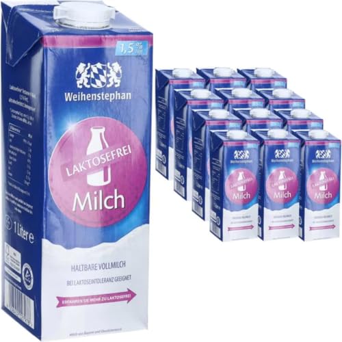 Milch Weihenstephan fettarme H-Milch 1,5% Fett laktosefrei, je 1 Liter, 12 Stück mit Pufai Grocery von Generisch