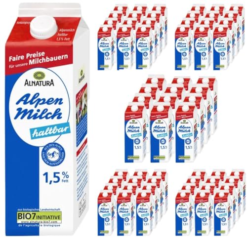 Milch fettarme H-Milch 1,5% Fett Haltbare Milch Alpenmilch, je 1 Liter, 60 Stück mit Pufai Grocery von Generisch