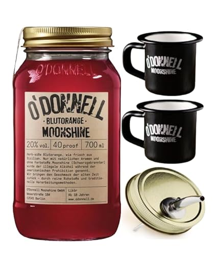 O`Donnell Moonshine I "Campfire - Set" I Blutorange (0,7l) I 2 Emaillie Tassen I Natürliche Zutaten I Premium Schnaps nach amerikanischer Tradition I 20% Vol. Alkohol I Inkl. Aussgießer von Generisch