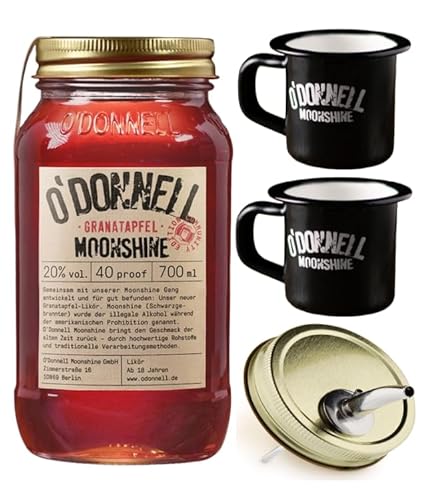 O`Donnell Moonshine I "Campfire - Set" I Granatapfel (0,7l) I 2 Emaillie Tassen I Natürliche Zutaten I Premium Schnaps nach amerikanischer Tradition I 20% Vol. Alkohol I Inkl. Aussgießer von Generisch