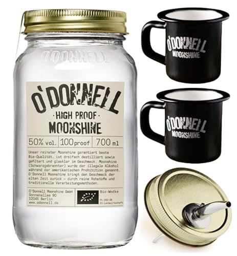 O`Donnell Moonshine I "Campfire - Set" I High Proof (0,7l) I 2 Emaillie Tassen I Natürliche Zutaten I Premium Schnaps nach amerikanischer Tradition I 50% Vol. Alkohol I Inkl. Aussgießer von Generisch