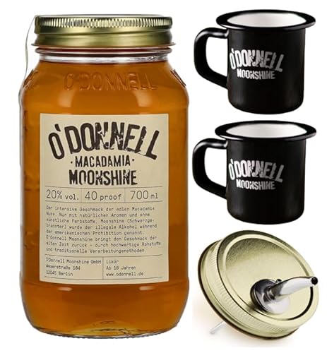 O`Donnell Moonshine I "Campfire - Set" I Macadamia (0,7l) I 2 Emaillie Tassen I Natürliche Zutaten I Premium Schnaps nach amerikanischer Tradition I 20% Vol. Alkohol I Inkl. Aussgießer von Generisch