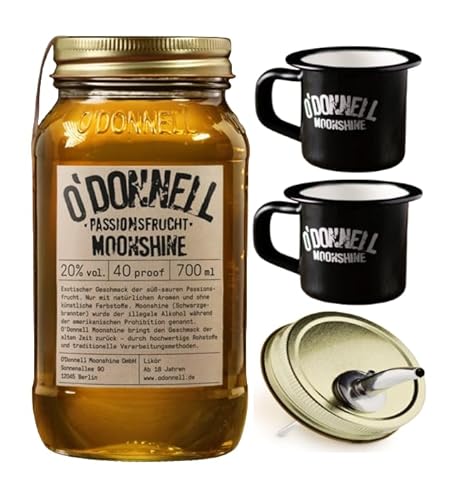 O`Donnell Moonshine I "Campfire - Set" I Passionsfrucht (0,7l) I 2 Emaillie Tassen I Natürliche Zutaten I Premium Schnaps nach amerikanischer Tradition I 20% Vol. Alkohol I Inkl. Aussgießer von Generisch