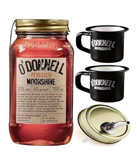 O`Donnell Moonshine I "Campfire - Set" I Pfirsich (0,7l) I 2 Emaillie Tassen I Natürliche Zutaten I Premium Schnaps nach amerikanischer Tradition I 20% Vol. Alkohol I Inkl. Aussgießer von Generisch