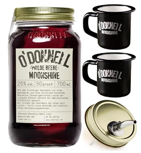 O`Donnell Moonshine I "Campfire - Set" I Wilde Beere (0,7l) I 2 Emaillie Tassen I Natürliche Zutaten I Premium Schnaps nach amerikanischer Tradition I 25% Vol. Alkohol I Inkl. Aussgießer von Generisch