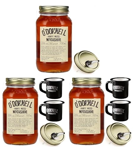 O`Donnell Moonshine I "Ultimate Festival - Set" I | 3 x 700ml | 4 x Emaillie Tasse + 3 x Ausgießer | Premium Schnaps nach amerikanischer Tradition | Likör | (3 x Harte Nuss) von Generisch