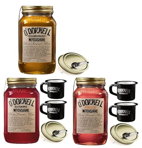 O`Donnell Moonshine I "Ultimate Festival - Set" Sommer EditionI | 3 x 700ml | 4 x Emaillie Tasse + 3 x Ausgießer | Premium Schnaps nach amerikanischer Tradition | (Blutorange/Pfirsich/Passionsfrucht) von Generisch