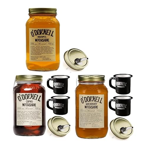 O`Donnell Moonshine I "Ultimate Festival - Set" Winter EditionI | 3 x 700ml | 4 x Emaillie Tasse + 3 x Ausgießer | Premium Schnaps nach amerikanischer Tradition | (Cookie/Macadamia/Bratapfel) von Generisch