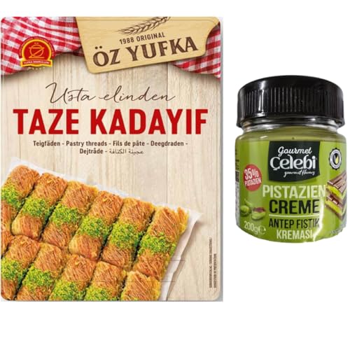 OZYUFKA Frisch Teigfäden Kataifi Kadayıf Shredded Fillo Teig Gebäck Kadaifi Fäden Taze Kadayif für Dubai-Schokolade 400 gr mit Pistazien Creme 200 Gramm von Generisch