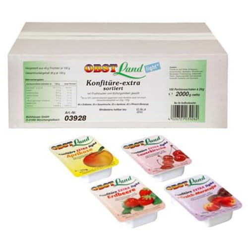 Obstland Konfitüre Extra Light Portionen 100 x 20g Erdbeere, Aprikose, Kirsche, Pfirsich-Maracuja | Marmelade für Diabetiker in Portionspackungen | Diät Konfitüre von Obstland von Generisch