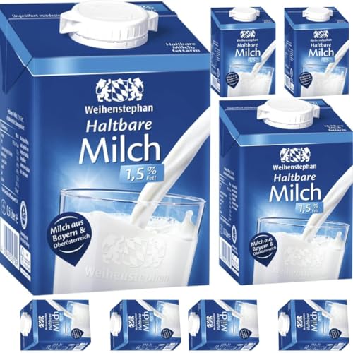 Pufai, Weihenstephan Milch fettarme H-Milch 1,5% Fett Haltbare Milch, je 0,5 Liter, 8 Stück, Pufai Grocery von Generisch