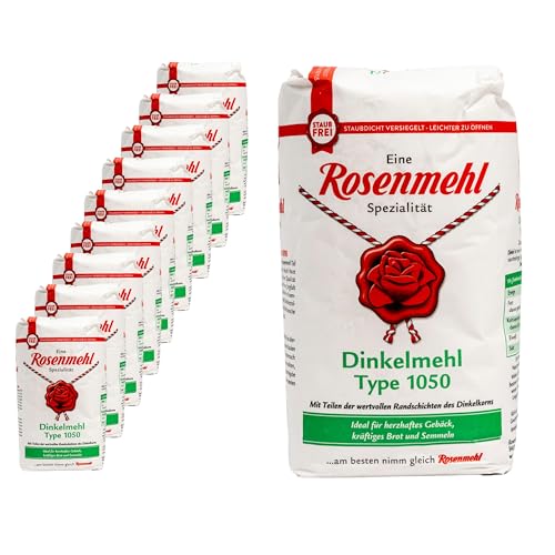 Rosenmehl - 10er Set Premium Dinkelmehl Typ 1050-1000 g mit Teilen der wertvollen Randschichten des Dinkelkorns - Dinkel Mehl für herzhaftes Gebäck, kräftiges Brot und Semmeln von Generisch