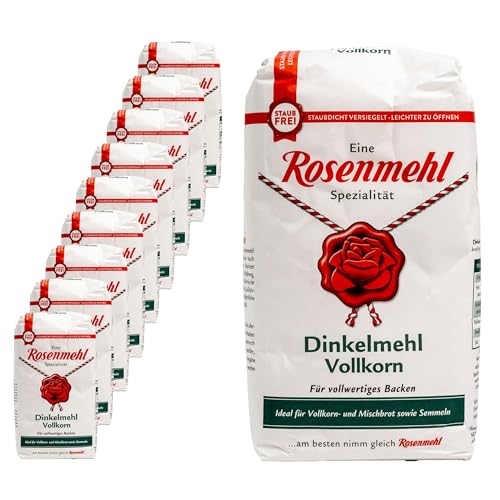 Rosenmehl - 10er Set Premium Dinkelmehl Vollkorn 1000 g für vollwertiges Backen - Vollkornmehl ideal für Vollkorn- und Mischbrot sowie Semmeln - Feines naturbelassenes Dinkelmehl von Generisch