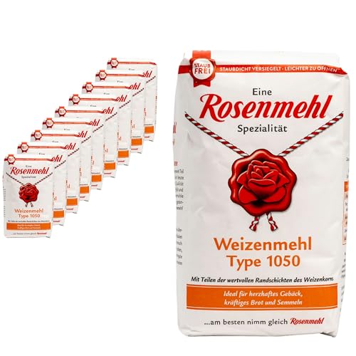 Rosenmehl - 10er Set Premium Weizenmehl Type 1050-1000 g Packung mit Teilen der wertvollen Randschichten des Weizenkorns - Ideal für herzhaftes Gebäck, kräftiges Brot und Semmeln von Generisch