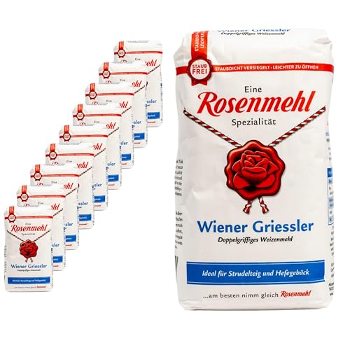 Rosenmehl - 10er Set Premium Wiener Griessler Doppelgriffiges Weizenmehl 1000 g - Ideal für Strudelteig und Hefegebäck - Feinkörnig dank besonderem Mahlverfahren - Mehl für elastische Teige von Generisch