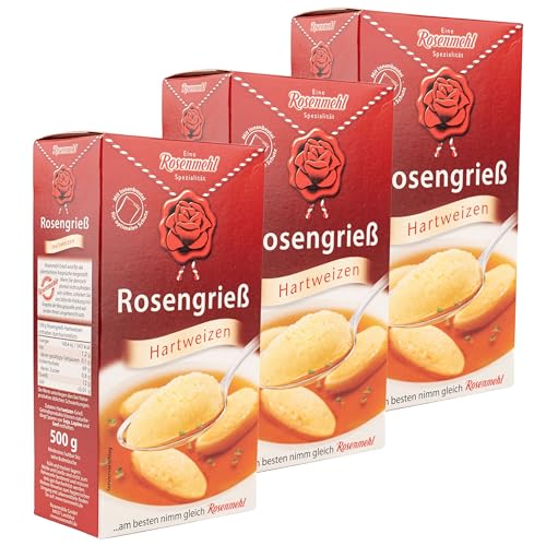 Rosenmehl - 3er Set Rosengrieß Hartweizen für Grießnockerl Suppe 500 g Packung aus bestem Durum-Hartweizen gemahlen, leicht körnig & schalenfrei - Ideal für Klöße, Grieß-Nockerl, Aufläufe & Suppen von Generisch