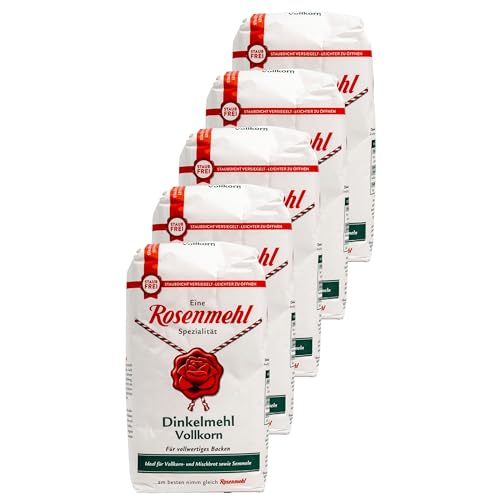 Rosenmehl - 5er Set Premium Dinkelmehl Vollkorn 1000 g - Für vollwertiges Backen - Vollkornmehl ideal für Vollkorn- und Mischbrot sowie Semmeln - Feines naturbelassenes Dinkelmehl von Generisch