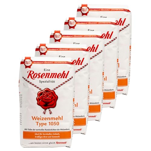 Rosenmehl - 5er Set Premium Weizenmehl Type 1050-1000 g Packung mit Teilen der wertvollen Randschichten des Weizenkorns - Ideal für herzhaftes Gebäck, kräftiges Brot und Semmeln von Generisch