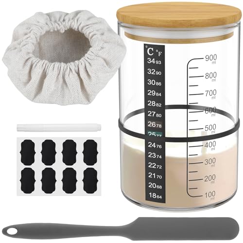 Sauerteig Starter Set 900ml Sauerteig-Starterglas-Set mit Holzdeckel Thermometerpapier Gummiband Schaber Stoffhut Etikett und Stift Sauerteig Glas Set für Brotbacken Fermentieren von Generisch