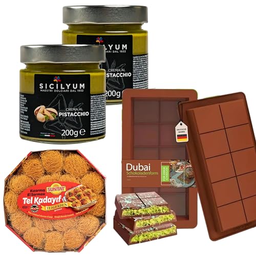 Set für Dubai-Schokolade aus: 2x Pistaziencreme 200g inkl. 2x Silikon Schokoladenform und 1x Tel Kadayif Engelshaar Teigfäden 400 g von Generisch