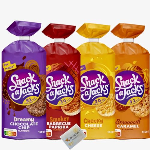 Snack a Jacks Probierpaket Reiswaffeln Cheese Chocolate Paprika Caramel, 4 verschiedene Sorten + Benefux. Erfrischungstuch von Generisch