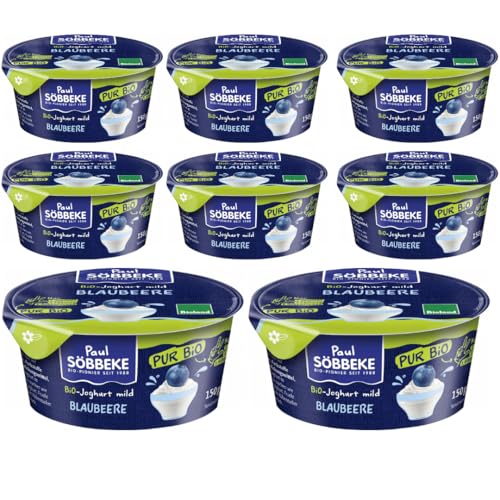 Söbbeke Pur Joghurt Blaubeere Joghurt mild Blaubeere 0% Aromastoffe und Verdickungsmittel 150 Gramm x 8 Stück [Frischegarantie] mit Pufai Grocery von Generisch