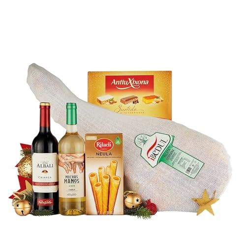 Spanische Weihnachts-Gourmet-Box, Serrano-Duroc-Schulter, Turron, Rot- und Weißwein von Generisch