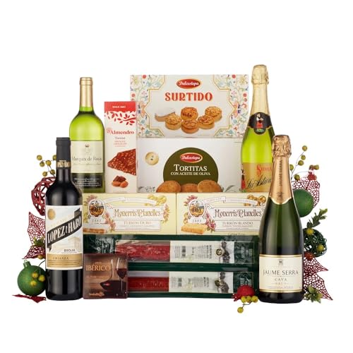 Spanische Weihnachts-Gourmetbox, 12 Artikel, Chorizo, iberische Wurst, Turron, Polvorones, Wein, Cava, Apfelwein von Generisch