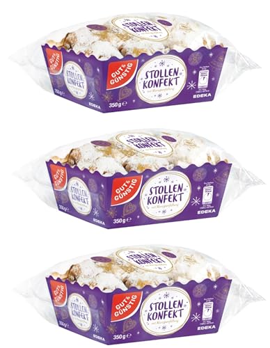 Stollenkonfekt 3er Pack kleine Christstollen Stücke Stollen Konfekt Weihnachtsgebäck mit 20% Marzipanfüllung mit 13% Rosinen verfeinert mit Puderzucker gepudert in praktischen Servierschale 3x350g von Generisch