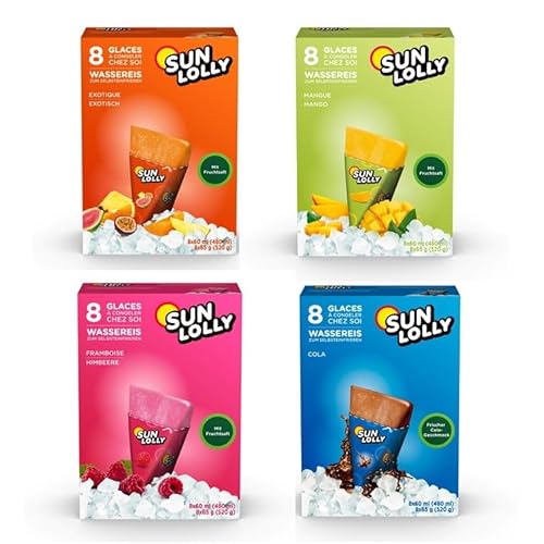 Sun Lolly Wassereis Mix Pack - Exotisch, Himbeere, Cola und Mango - 4 x 480ml von Sun Lolly