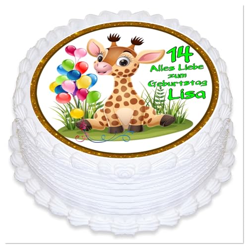 Tortenauflleger Geburtstag, Motiv Giraffe, personalisiert mit Ihren Foto und Text Fondant Tortenaufleger essbar von Generisch