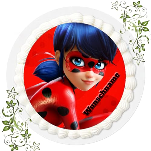 WUNSCHNAME Tortenbild, Zuckerbild mit Motiv, Essbares Foto für Torten, Tortenbild, Tortenaufleger Ø 20cm FONDANT Ladybug Nr. 1 von Generisch