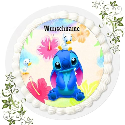 WUNSCHNAME Tortenbild, Zuckerbild mit Motiv, Essbares Foto für Torten, Tortenbild, Tortenaufleger Ø 20cm FONDANT Lilo & Stitch Nr. 5 von Generisch