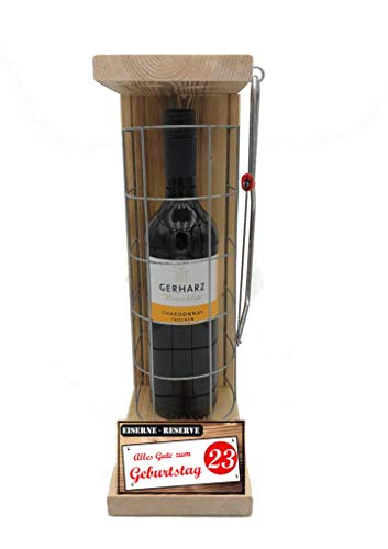 Eiserne Reserve Geschenk Weißwein Weinliebhaber Wein Geschenkset Geburtstag Gitter incl. Notsäge Text rot: Alles Gute zum 23. Geburtstag Wein (1 x 0.75 l) von Genial-Anders