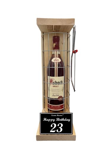 Asbach Uralt - Geschenk 23 Geburtstag Geschenkset Eiserne Reserve Gitterkäfig incl. Säge Text s/w 23 Happy Birthday Brandy (1 x 0.70 l) von Genial-Anders