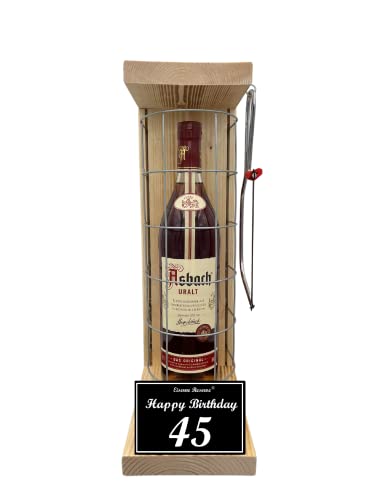 Asbach Uralt - Geschenk 45 Geburtstag Geschenkset Eiserne Reserve Gitterkäfig incl. Säge Text s/w 45 Happy Birthday Brandy (1 x 0.70 l) von Genial-Anders