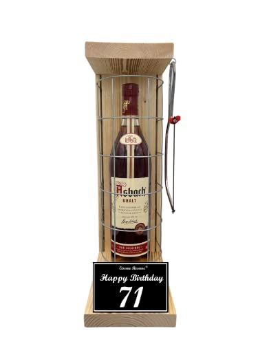 Asbach Uralt - Geschenk 71 Geburtstag Geschenkset Eiserne Reserve Gitterkäfig incl. Säge Text s/w 71 Happy Birthday Brandy (1 x 0.70 l) von Genial-Anders