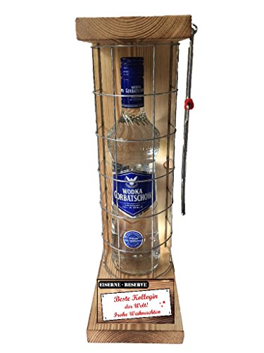 Weihnachten Geschenk für Kollegin Wodka Gorbatschow Eiserne Reserve Gitter incl. Notsäge Text rot Beste Kollegin der Welt Frohe Weihnachten Vodka (1 x 0.70 l) von Genial-Anders