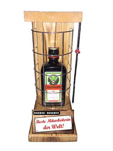 Jägermeister Geschenke für Mitarbeiterin Geschenkidee Eiserne Reserve Gitter incl. Notsäge Text rot Beste Mitarbeiterin der Welt Kräuter Likör (1 x 0.35 l) von Genial-Anders