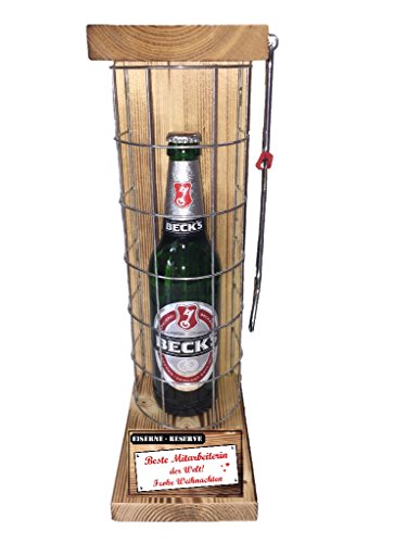 Weihnachten Geschenk für Mitarbeiterin Beck´s Bier Eiserne Reserve Gitter incl. Notsäge Text rot Beste Mitarbeiterin der Welt Frohe Weihnachten Bier (1 x 0.5 l) von Genial-Anders