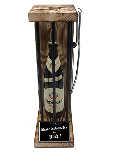 Geburtstag Geschenke für Schwester Geschenkidee Erdinger Weißbier Eiserne Reserve Black Edition incl. Notsäge Text s/w Beste Schwester der Welt Bier (1 x 0.5 l) von Genial-Anders