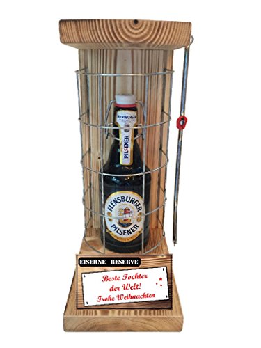 Geschenke Weihnachten für Tochter Flensburger Pils Eiserne Reserve Gitter incl. Notsäge Text rot Beste Tochter der Welt Frohe Weihnachten Bier (1 x 0.33 l) von Genial-Anders